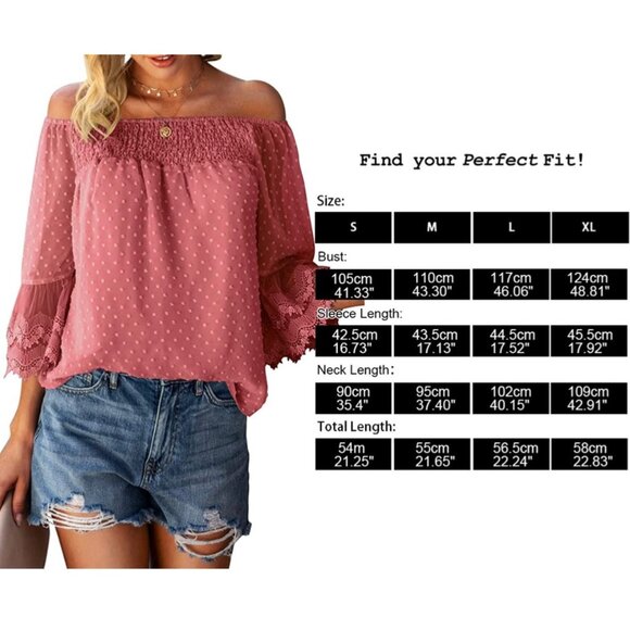 👗 2/$30 👗 Swiss Dot Pink Off Shoulder with Bell Sleeves Blouse Medium - Picture 4 of 4
